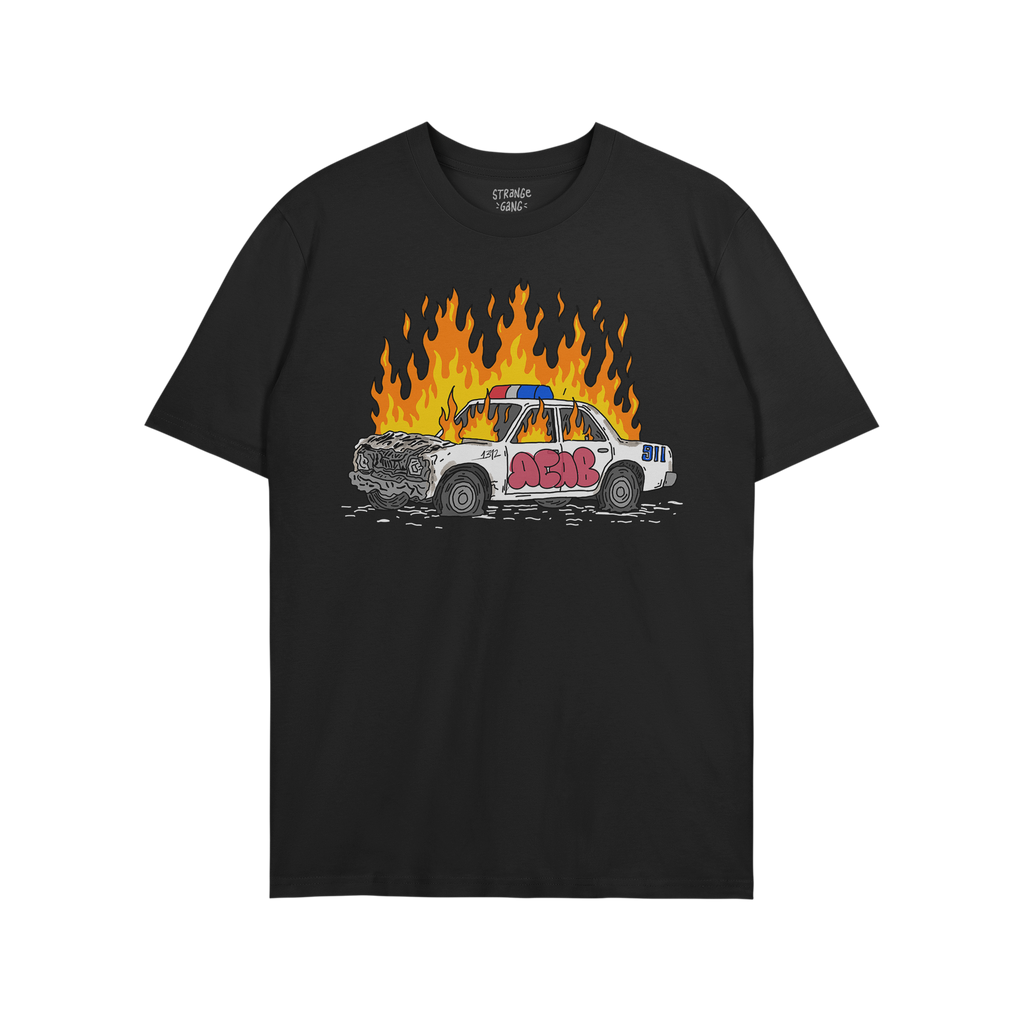 Black ACAB Police Car Shirt with a burning hand-drawn police car graphic and graffiti tag 1312 on front.