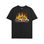 Black ACAB Police Car Shirt with a burning hand-drawn police car graphic and graffiti tag 1312 on front.