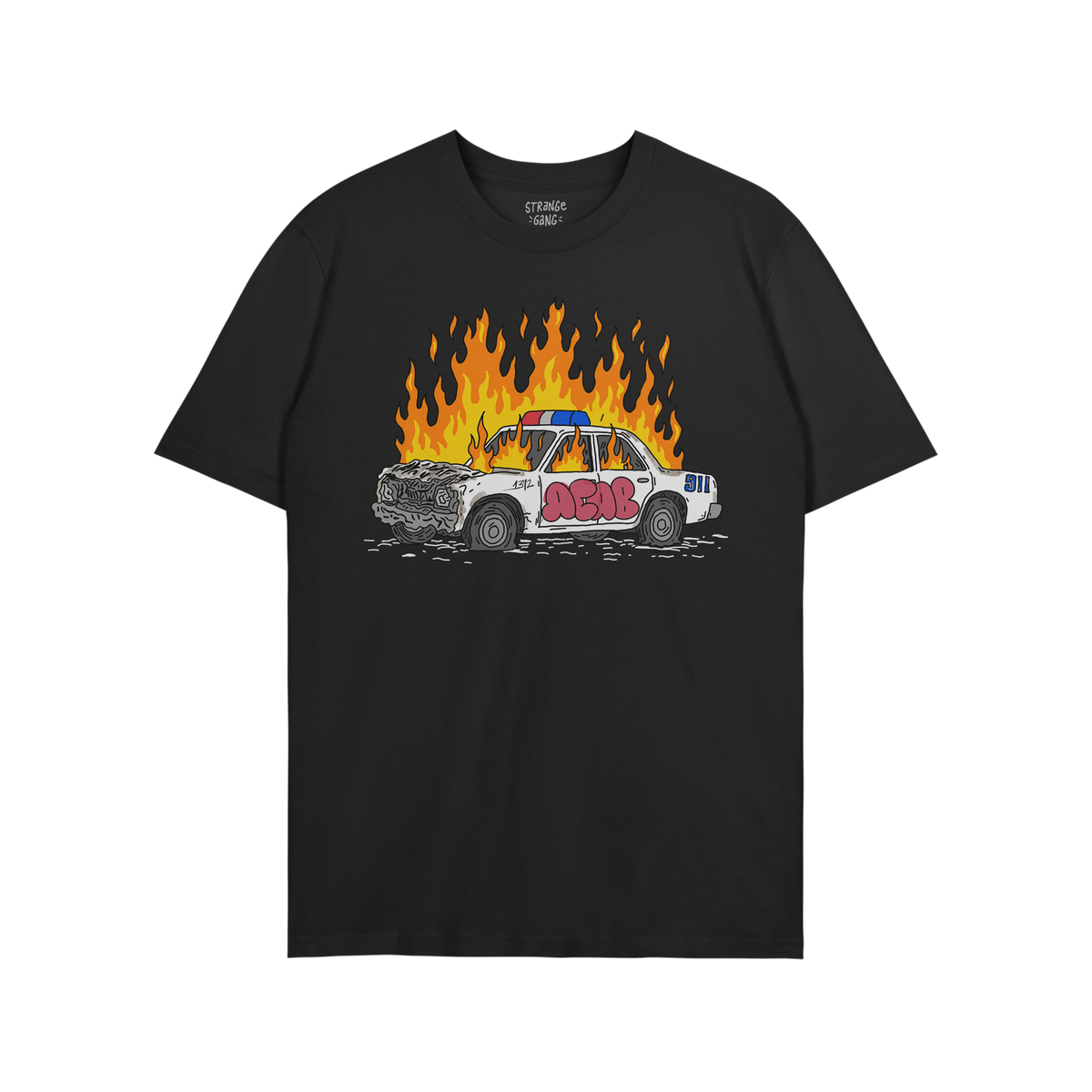 Black ACAB Police Car Shirt with a burning hand-drawn police car graphic and graffiti tag 1312 on front.