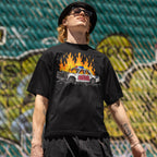 Man wearing ACAB Police Car Shirt with hand-drawn flaming police car and graffiti 1312 design in urban setting