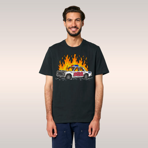 Man wearing ACAB Police Car Shirt with hand-drawn flaming police car and graffiti 1312 design in urban setting
