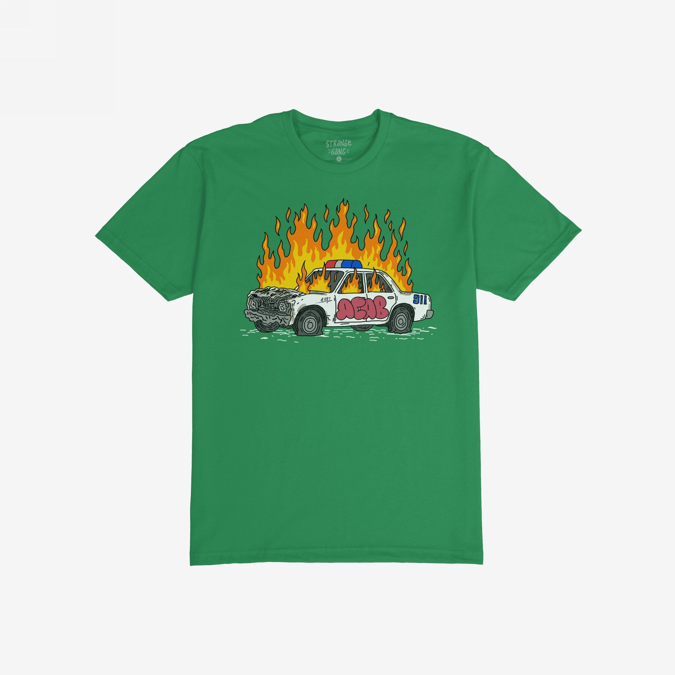 Green shirt featuring ACAB Police Car Shirt design of a burning police car with graffiti tag 1312.