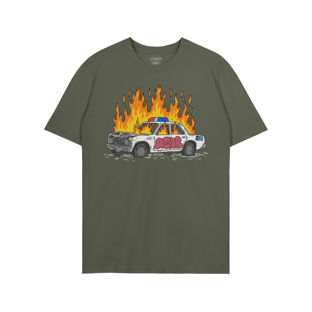 Green shirt featuring ACAB Police Car Shirt design of a burning police car with graffiti tag 1312.