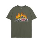 Green shirt featuring ACAB Police Car Shirt design of a burning police car with graffiti tag 1312.