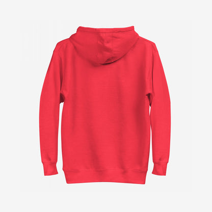 Back view of the Addicted To Love / Drugs Hoodie, showcasing its plain red design with ribbed cuffs and hem. This piece reflects personal struggle and self-awareness, embodying a bold, unapologetic street style.