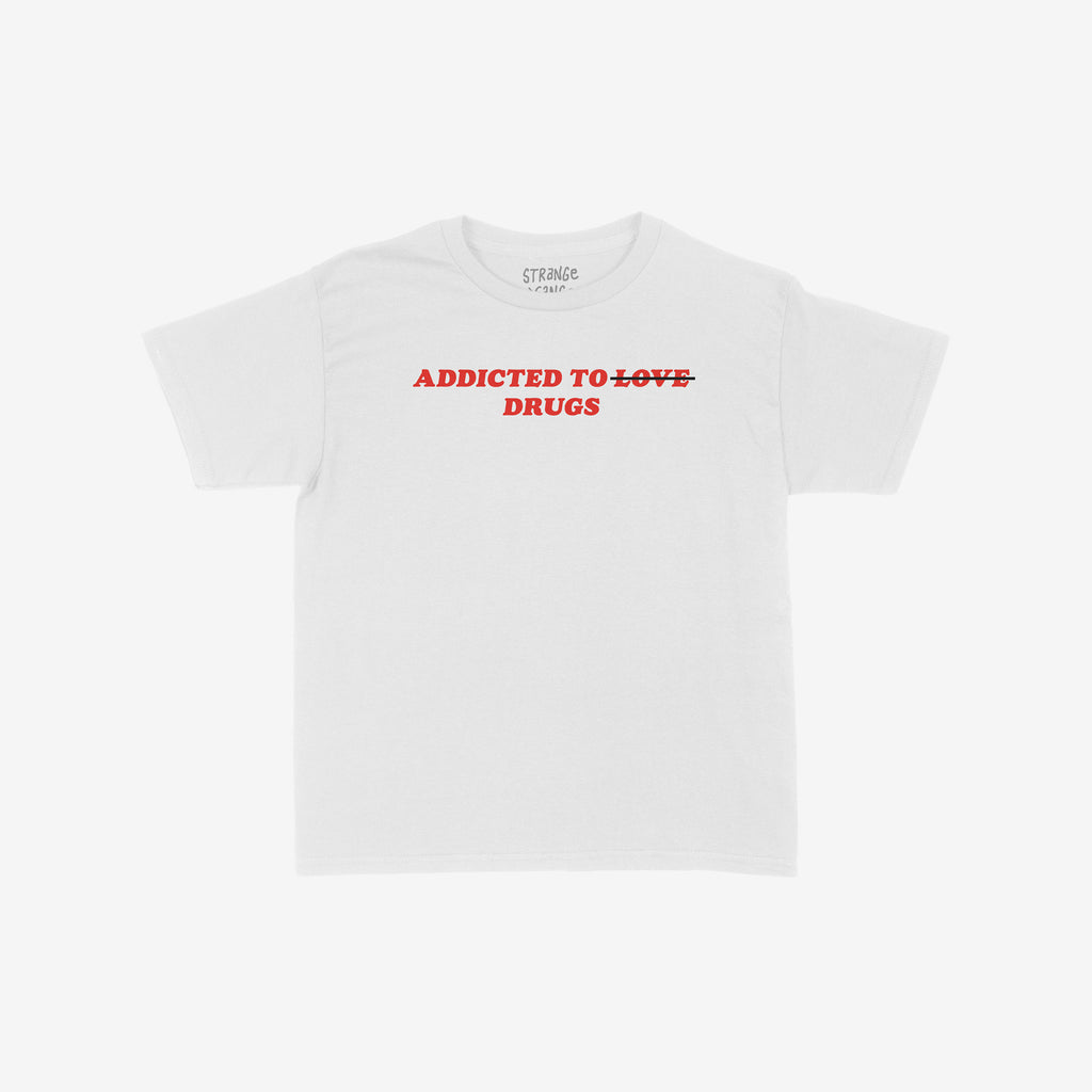 Addicted To Love / Drugs Women's Baby Tee, featuring a bold statement with LOVE struck through in red, embodies candid self-expression and humor. Perfect for those embracing authenticity and societal critique.