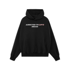 Black hoodie with "Addicted To Love" text crossed out and replaced by "Drugs" design, Addicted To Love / Drugs Shirt.