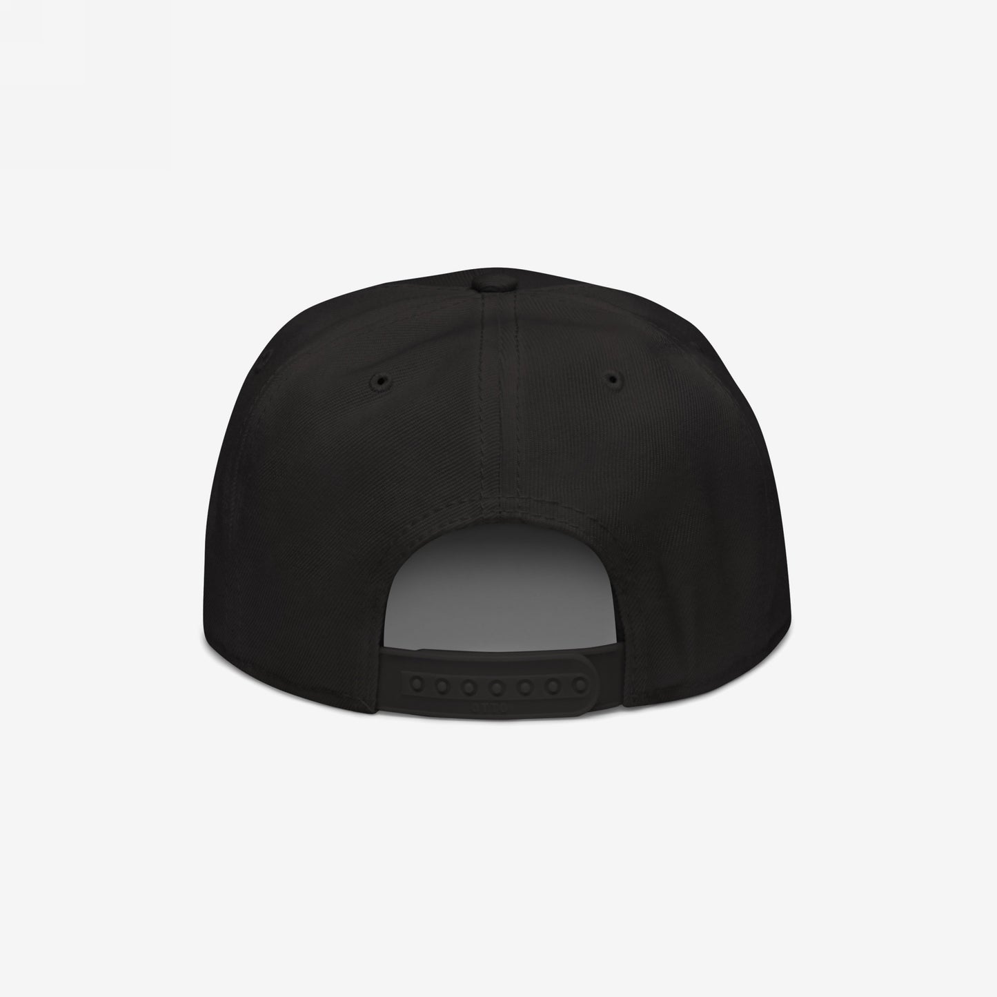 Black snapback hat viewed from the back, adjustable strap visible, Addicted To Love / Drugs Hat design.
