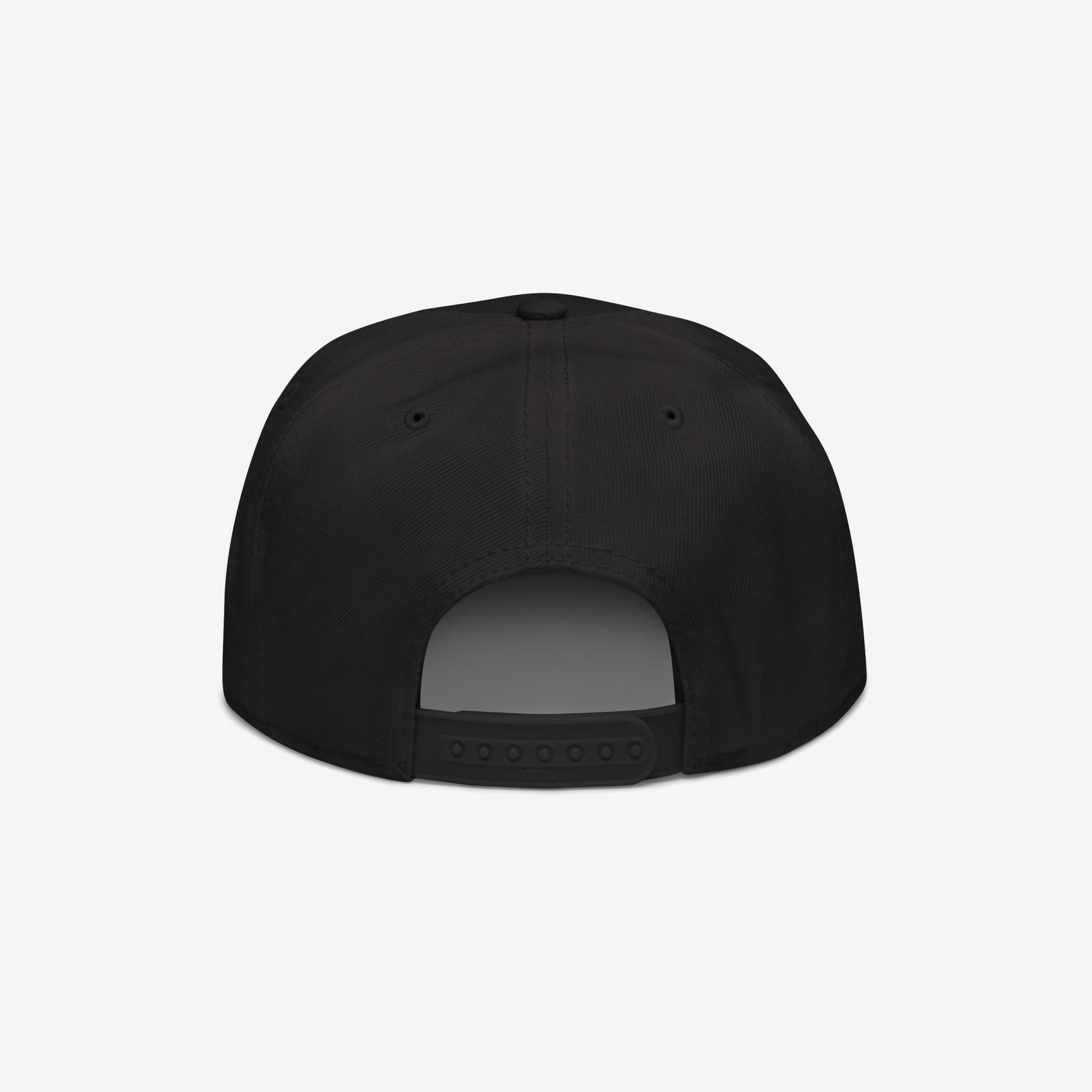 Black snapback hat viewed from the back, adjustable strap visible, Addicted To Love / Drugs Hat design.