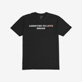 Addicted To Love / Drugs Shirt with bold text crossing out "Love" replaced by "Drugs" on a black t-shirt.