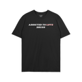 Addicted To Love / Drugs Shirt with bold text crossing out "Love" replaced by "Drugs" on a black t-shirt.
