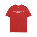 Red Addicted To Love / Drugs Shirt with text "Addicted to Love" crossed out and replaced by "Drugs" in bold white letters.