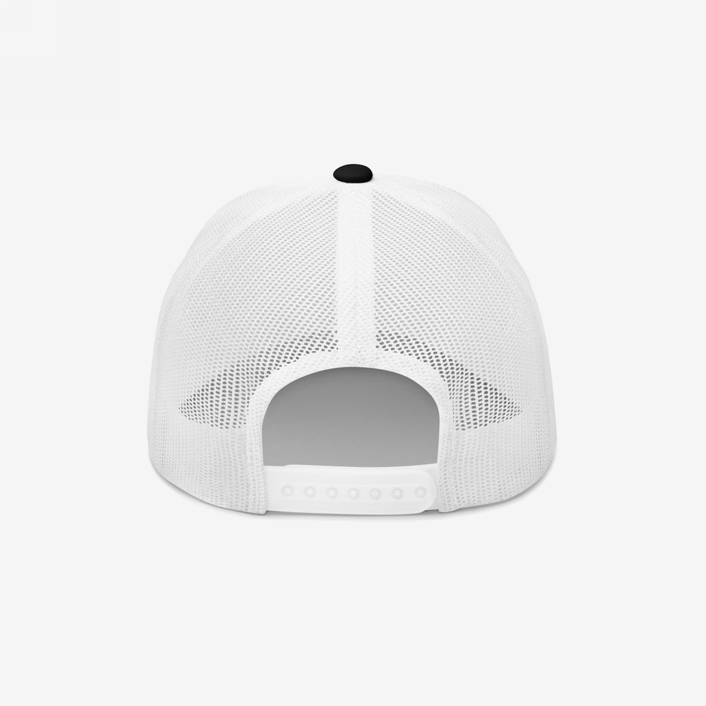 Back view of white mesh Addicted To Love / Drugs Hat snapback with adjustable strap and black top button.