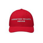 Red snapback hat with embroidered text "Addicted To Love" crossed out and replaced by "Drugs" - Addicted To Love / Drugs Hat.
