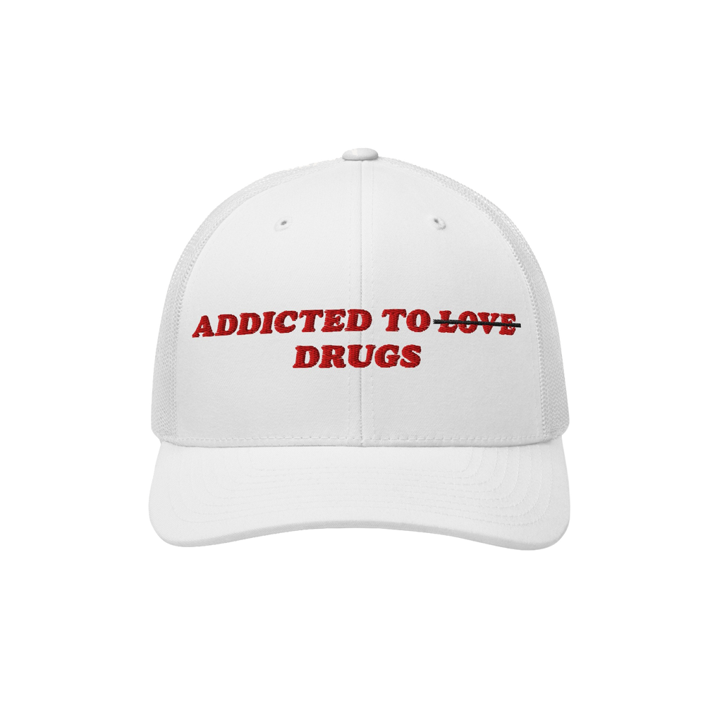 White snapback hat with bold red embroidered text "Addicted To Love" crossed out and replaced by "Drugs" - Addicted To Love /