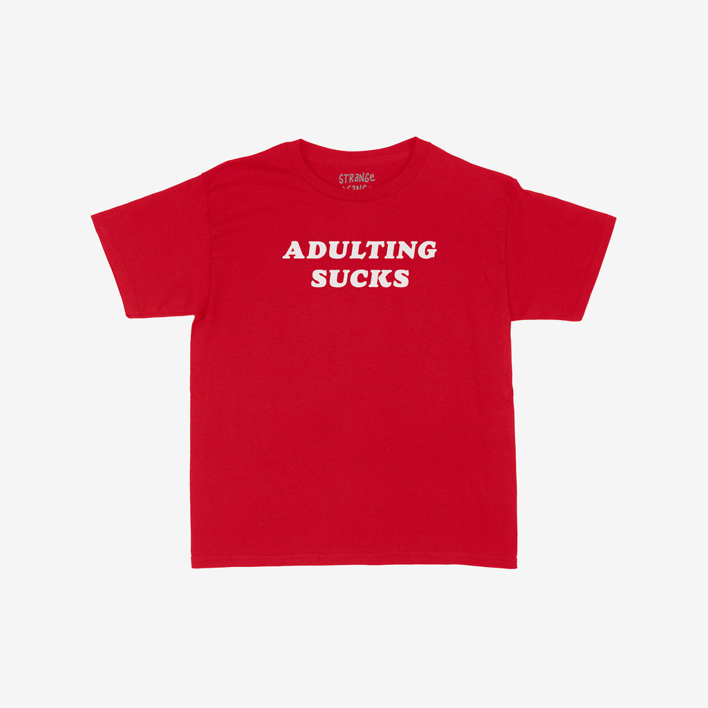 Adulting Sucks Women's Baby Tee featuring bold white text on a plain red cropped tee, perfect for expressing sarcastic frustrations with adulthood while maintaining a vintage vibe.