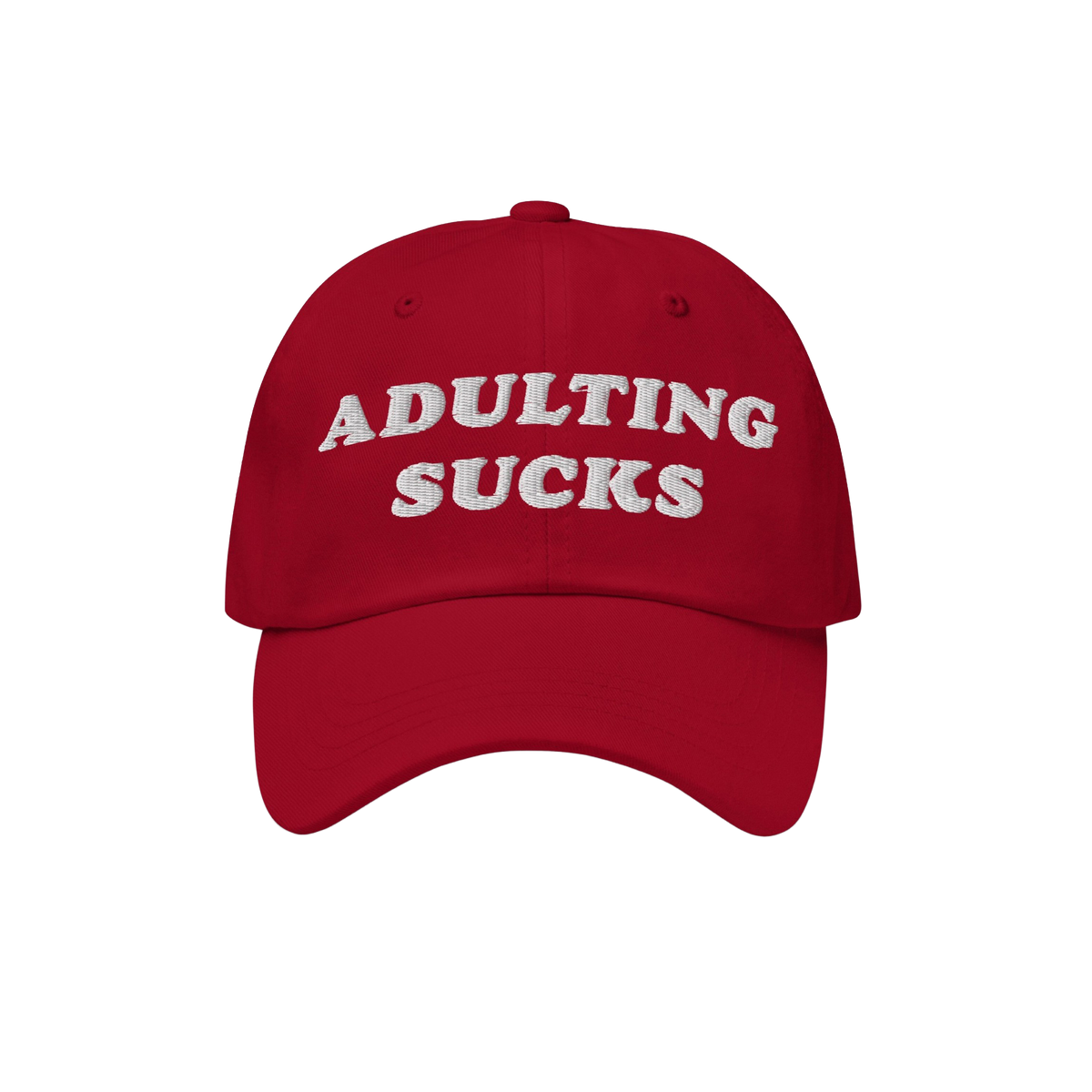 Red baseball cap with ADULTING SUCKS embroidered in bold white letters, capturing a vintage-inspired style perfect for expres
