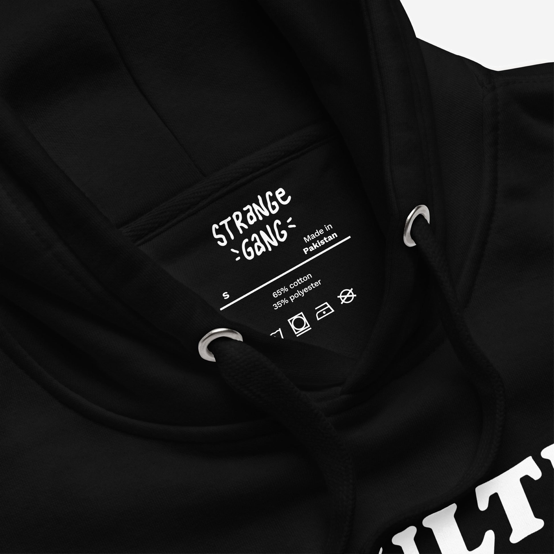 Adulting Sucks Hoodie & Sweatshirt close-up showing the neck label with size “S” and fabric details. Features black drawcord with silver eyelets and part of a white “Adulting Sucks” graphic.
