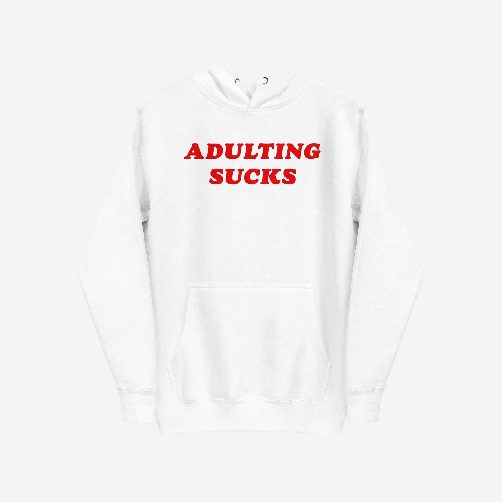 Product title: Adulting Sucks Hoodie & Sweatshirt. Description: A plain hoodie boldly stating ADULTING SUCKS in red text across the chest, reflecting the humor and honesty of grown-up challenges. Perfect for adding humor to everyday struggles.