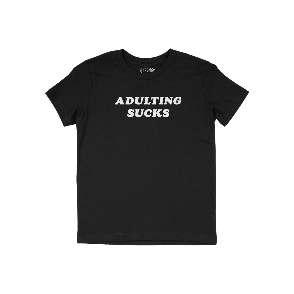 Black short-sleeve Adulting Sucks Shirt with bold white lettering, humorously expressing the challenges of adulthood. Ideal f