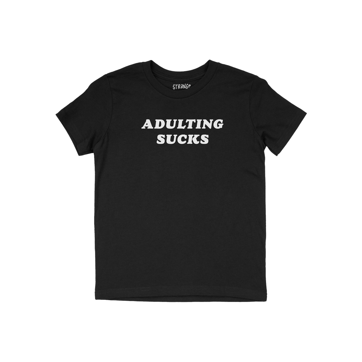 Black short-sleeve Adulting Sucks Shirt with bold white lettering, humorously expressing the challenges of adulthood. Ideal f