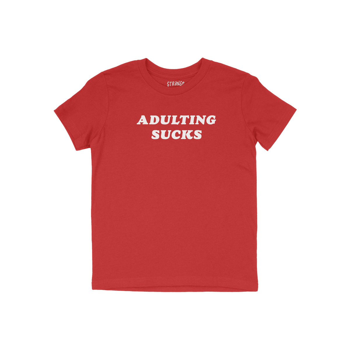 Adulting Sucks Shirt featuring bold white text on a plain red short-sleeve crew-neck, capturing a humorous take on adult life