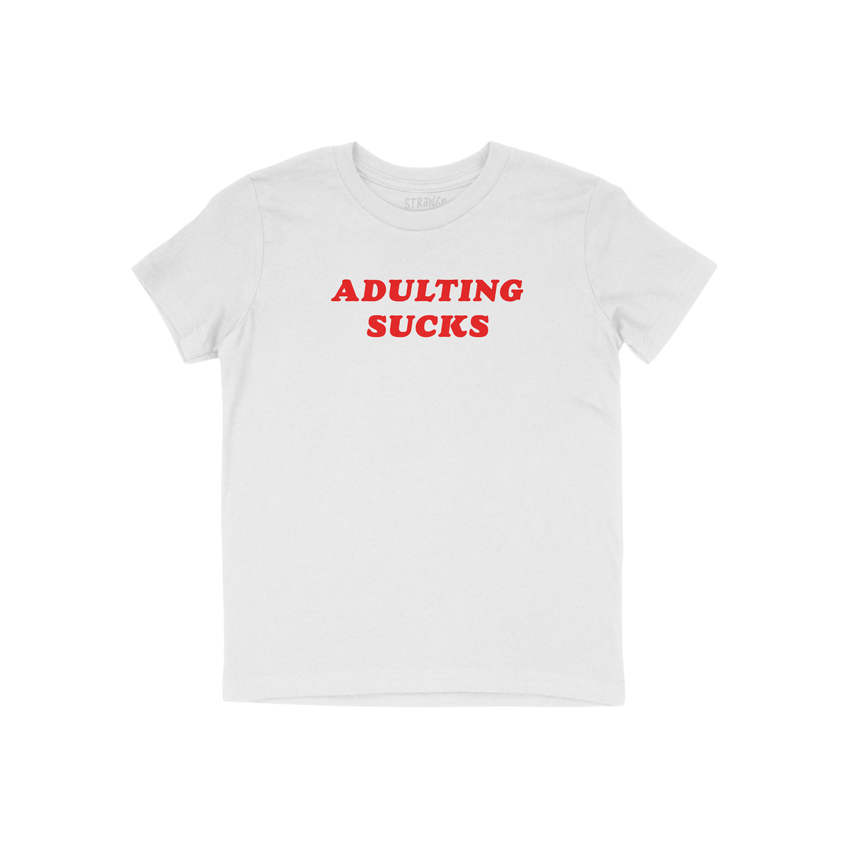 White T-shirt with bold red lettering ADULTING SUCKS, embodying humor and vintage flair, perfect for expressing the challenge
