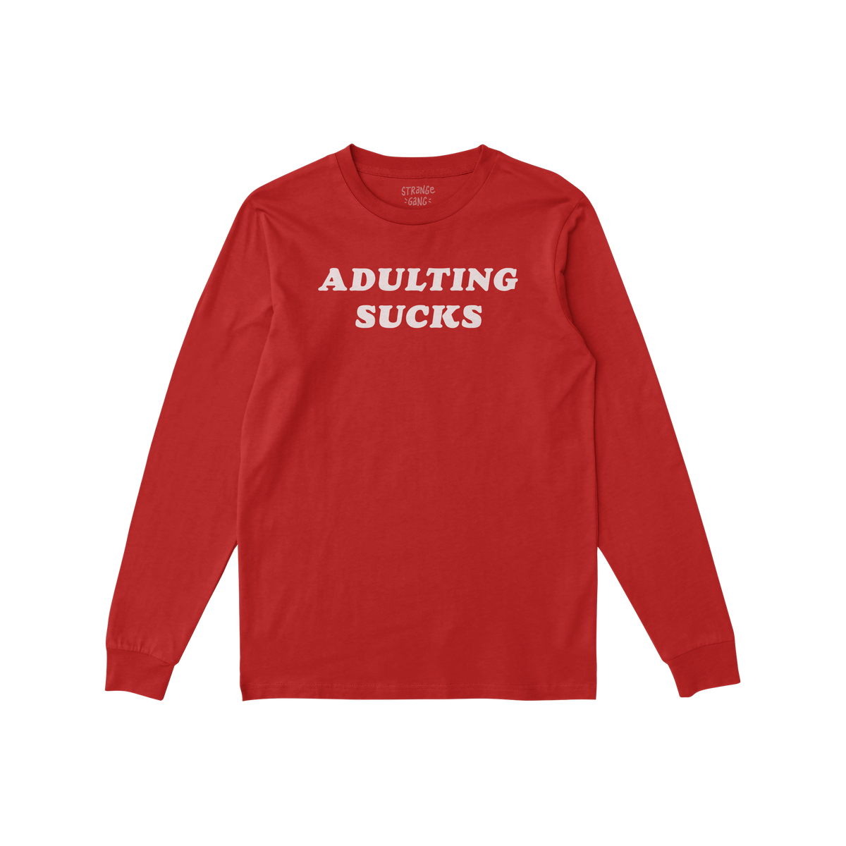 Red long-sleeve Adulting Sucks Shirt with bold white letters on chest, humorously highlighting the struggles of adult life, p