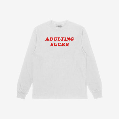 Adulting Sucks T-shirt: A white long-sleeve tee with bold red ADULTING SUCKS text. Perfect for expressing the challenges of adulthood, blending retro style with comfort.