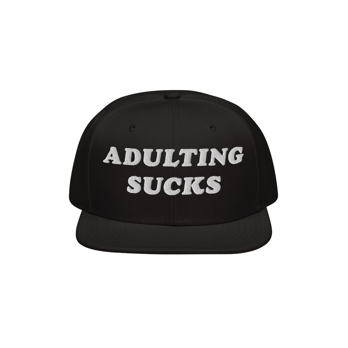 Black snapback hat with white, bold embroidered text ADULTING SUCKS on the front. Perfect for expressing frustration with adu