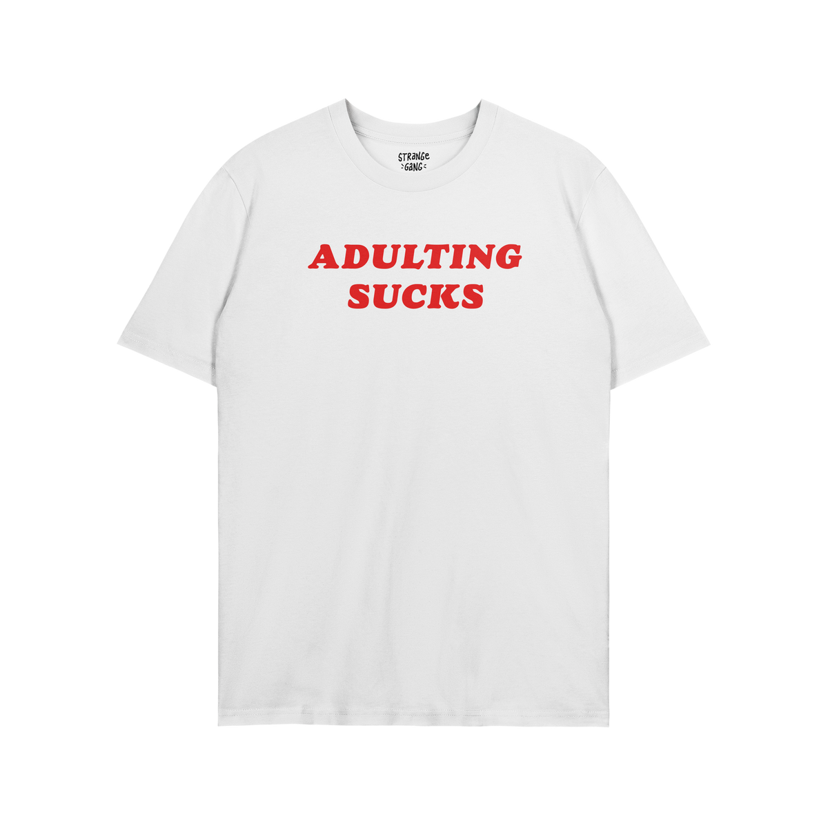 White T-shirt with bold red ADULTING SUCKS text. This Adulting Sucks Shirt humorously captures the daily grind, perfect for s