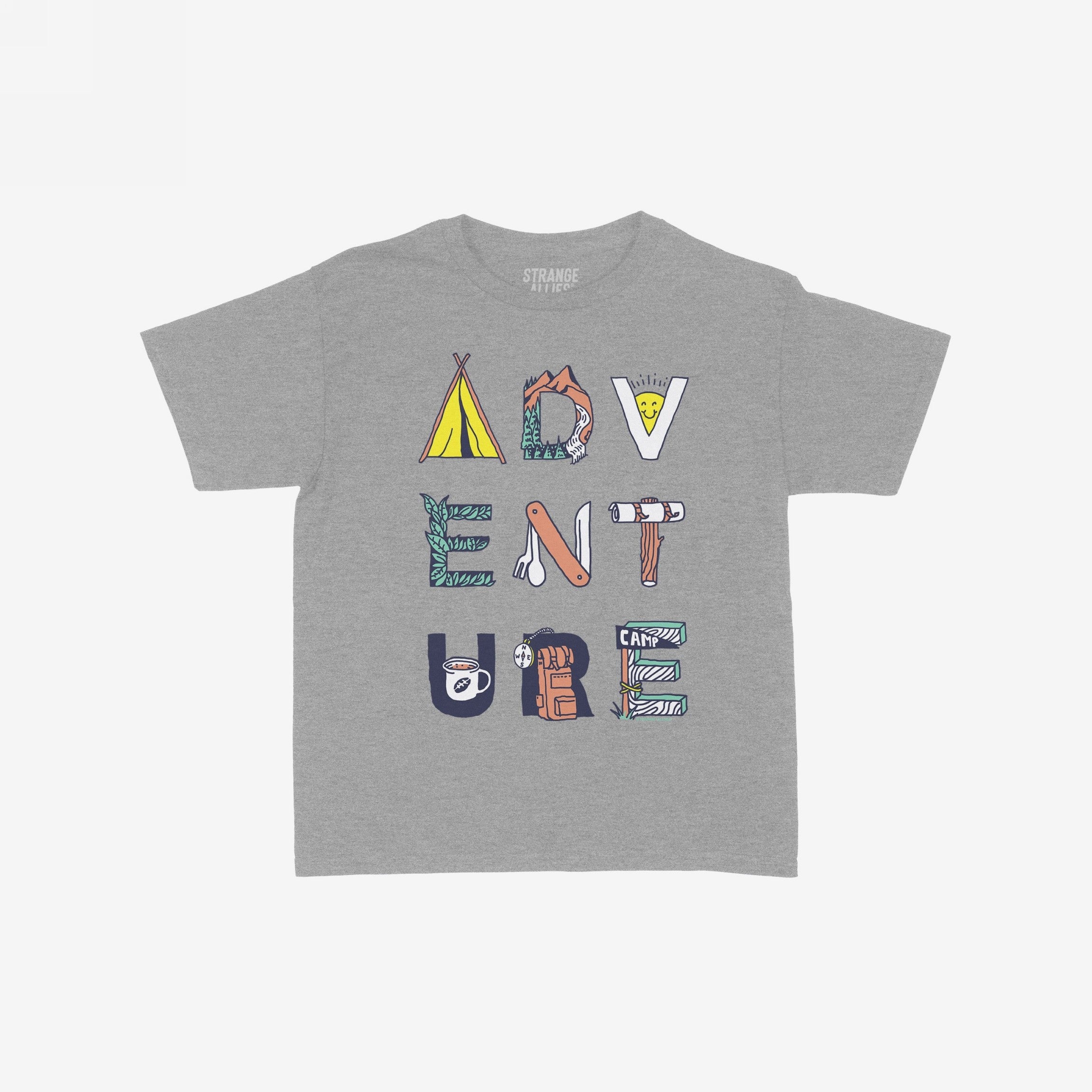 Adventure Life Women's Baby Tee features ADVENTURE spelled out with playful camping illustrations, like a tent and coffee mug, on a heather gray, short-sleeve crop top, perfect for outdoor enthusiasts.