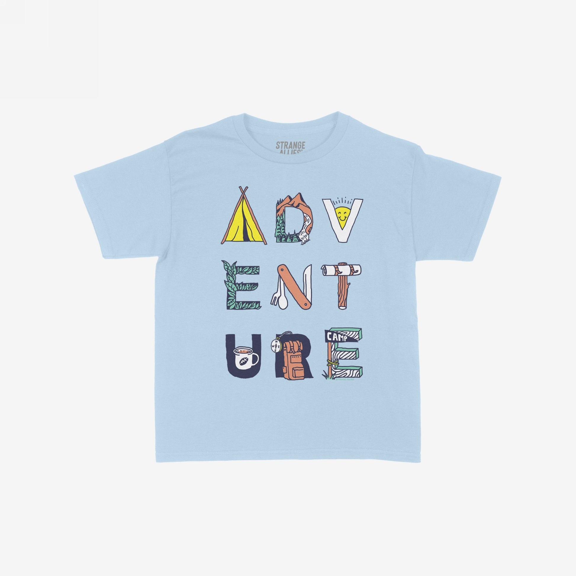 Adventure Life Women's Baby Tee features stylized ADVENTURE letters with camping icons like tents, mountains, and a sun, embodying an outdoorsy spirit and rebellious lifestyle. Perfect for nature-loving women.