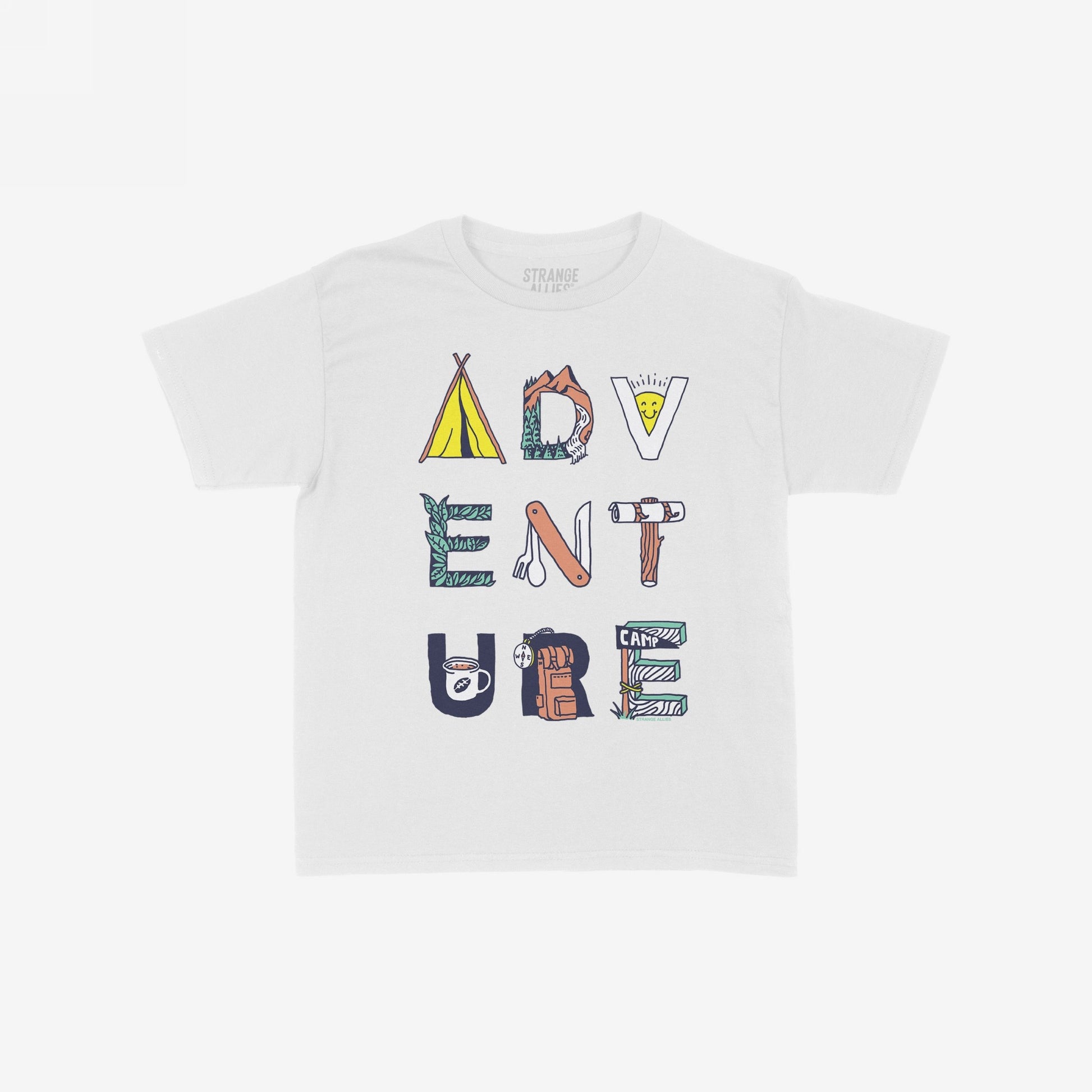 Adventure Life Women's Baby Tee featuring “ADVENTURE” spelled with outdoor motifs like tents, mountains, and mugs, reflecting a playful, nature-inspired theme for adventurous spirits.