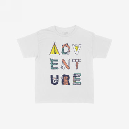 Adventure Life Women's Baby Tee featuring “ADVENTURE” spelled with outdoor motifs like tents, mountains, and mugs, reflecting a playful, nature-inspired theme for adventurous spirits.