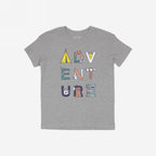 Adventure Life T-shirt featuring ADVENTURE in camping-themed illustrations: tent, mountain, sun, vines, utensils, log, mug, backpack, and signpost, embodying a journey-focused, surreal, and enlightening design.
