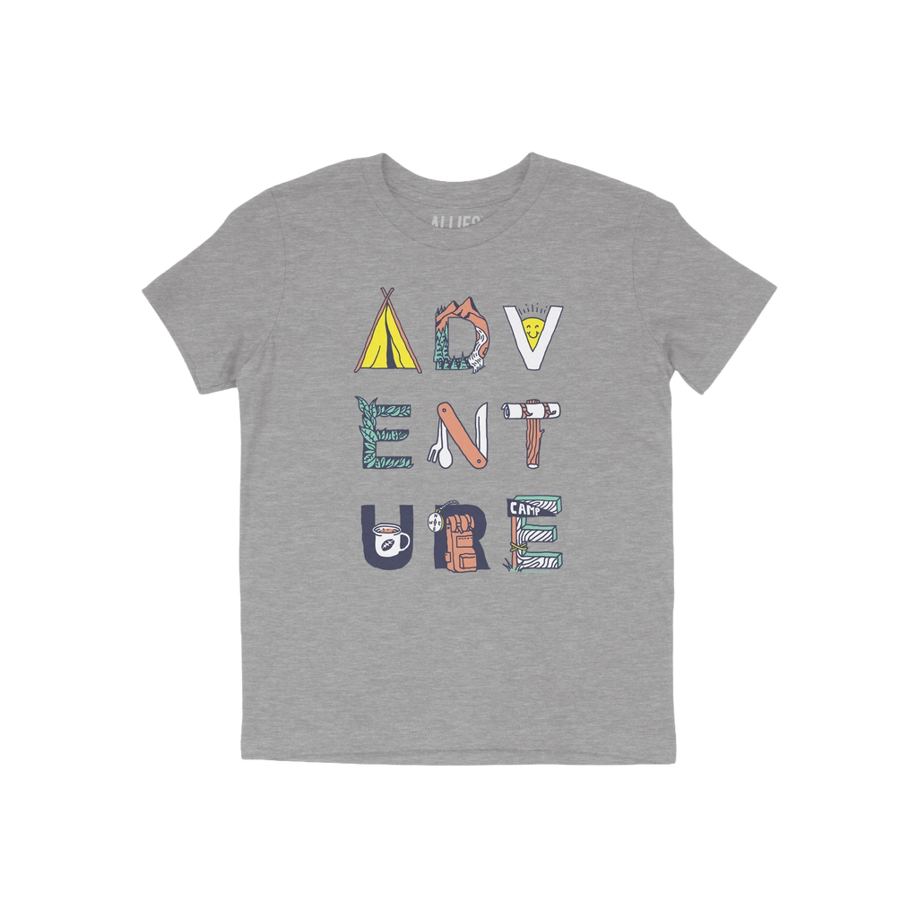 Adventure Life T-shirt featuring ADVENTURE in camping-themed illustrations: tent, mountain, sun, vines, utensils, log, mug, b