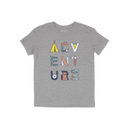 Adventure Life T-shirt featuring ADVENTURE in camping-themed illustrations: tent, mountain, sun, vines, utensils, log, mug, b
