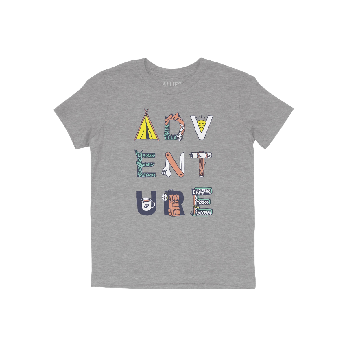 Adventure Life T-shirt featuring ADVENTURE in camping-themed illustrations: tent, mountain, sun, vines, utensils, log, mug, b