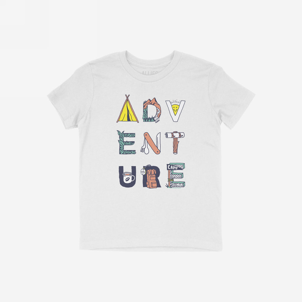 Adventure Life T-shirt featuring camping-themed icons, like a tent and backpack, creatively spelling ADVENTURE. Perfect for those embracing exploration and non-linear thinking, reflecting an open-minded, adventurous spirit.
