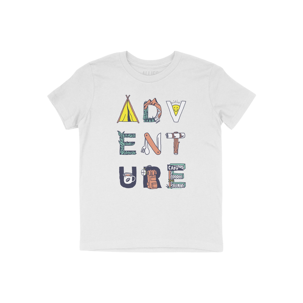 Adventure Life T-shirt featuring camping-themed icons, like a tent and backpack, creatively spelling ADVENTURE. Perfect for t