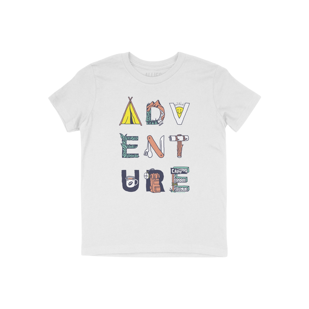 Adventure Life T-shirt featuring camping-themed icons, like a tent and backpack, creatively spelling ADVENTURE. Perfect for t