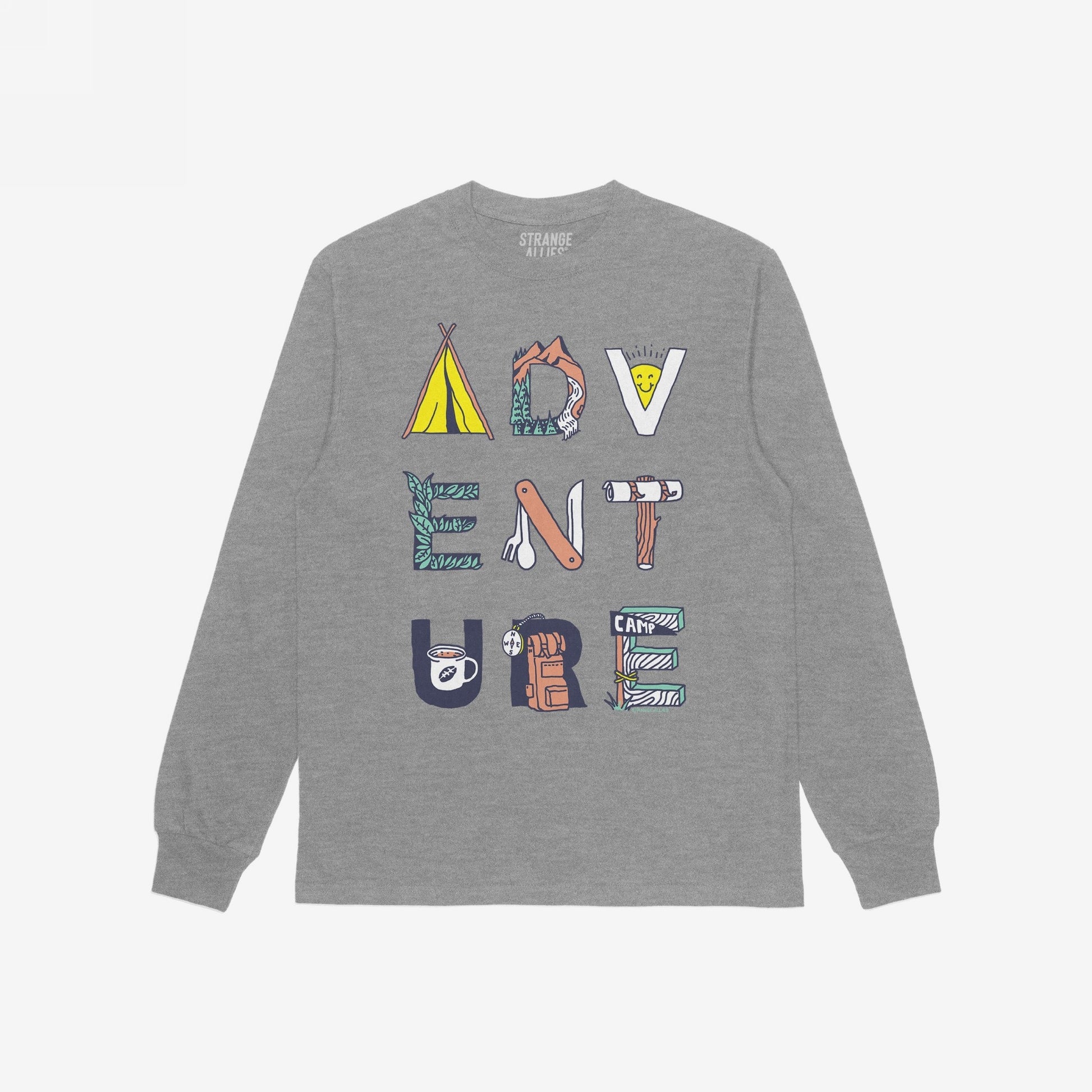 Adventure Life T-shirt featuring the word ADVENTURE illustrated with camping-themed designs like a tent, mountain, and camp mug, emphasizing outdoor exploration and a non-linear journey ethos.