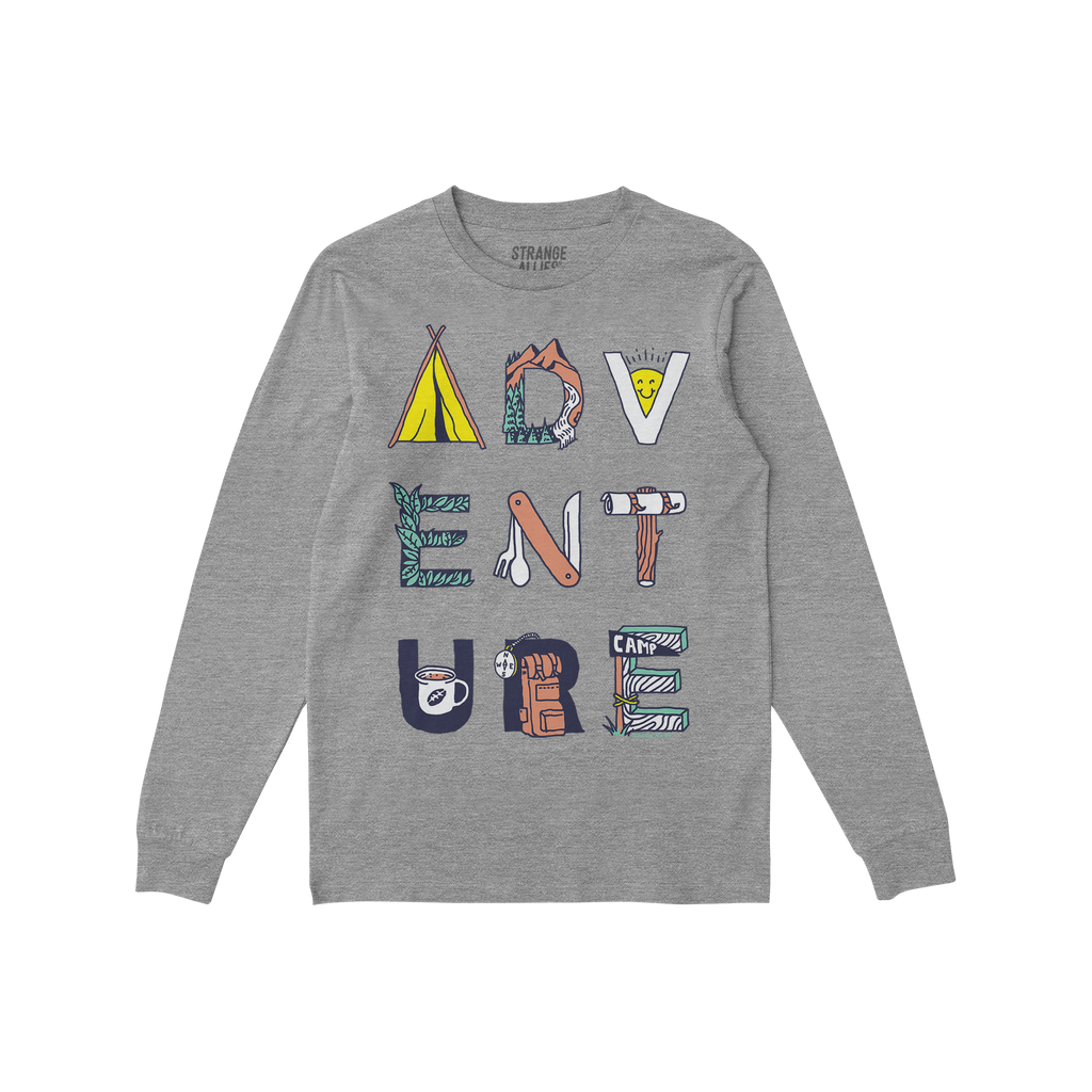 Adventure Life T-shirt featuring the word ADVENTURE illustrated with camping-themed designs like a tent, mountain, and camp m