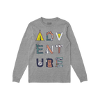 Adventure Life T-shirt featuring the word ADVENTURE illustrated with camping-themed designs like a tent, mountain, and camp m