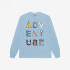 Adventure Life T-shirt featuring ADVENTURE in illustrated letters, each with camping motifs like tents, mountains, and backpacks, embodying a surreal, non-linear journey perfect for open-minded adventurers.