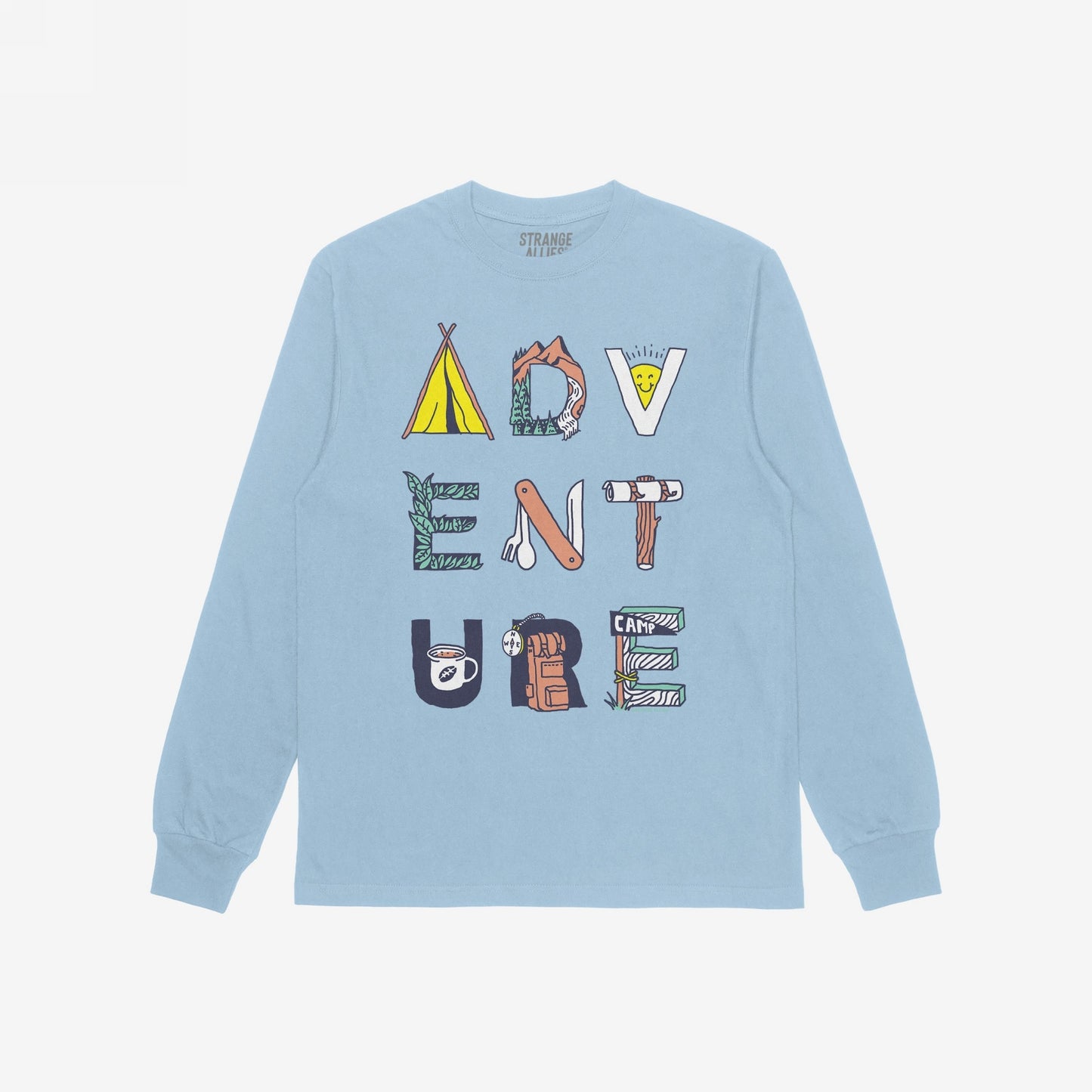 Adventure Life T-shirt featuring ADVENTURE in illustrated letters, each with camping motifs like tents, mountains, and backpacks, embodying a surreal, non-linear journey perfect for open-minded adventurers.