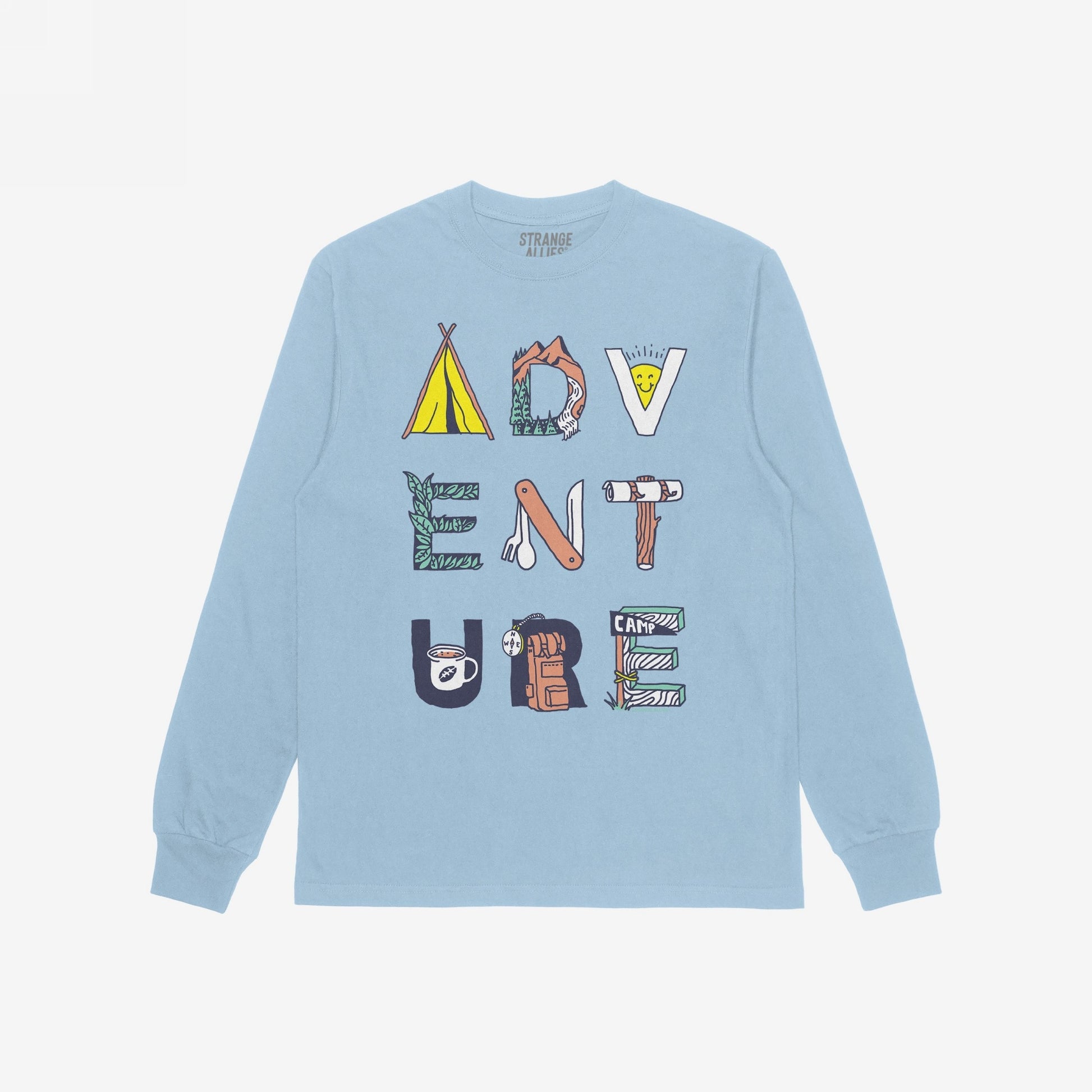 Adventure Life T-shirt featuring ADVENTURE in illustrated letters, each with camping motifs like tents, mountains, and backpacks, embodying a surreal, non-linear journey perfect for open-minded adventurers.