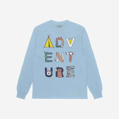 Adventure Life T-shirt featuring ADVENTURE in illustrated letters, each with camping motifs like tents, mountains, and backpacks, embodying a surreal, non-linear journey perfect for open-minded adventurers.