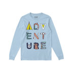 Adventure Life T-shirt featuring ADVENTURE in illustrated letters, each with camping motifs like tents, mountains, and backpa